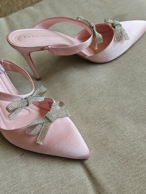 BCBGenetation Bardia Satin Stiletto Pumps Double Rhinestone Bows Ballet Pink, 8